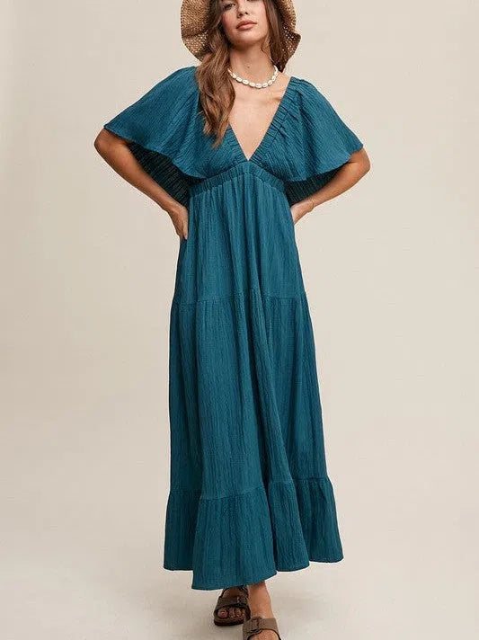 Fashion is an Attitude V-Neck Ruffle Sleeve Flowy Maxi Dress Fashionable Maxi Dress with Fringe