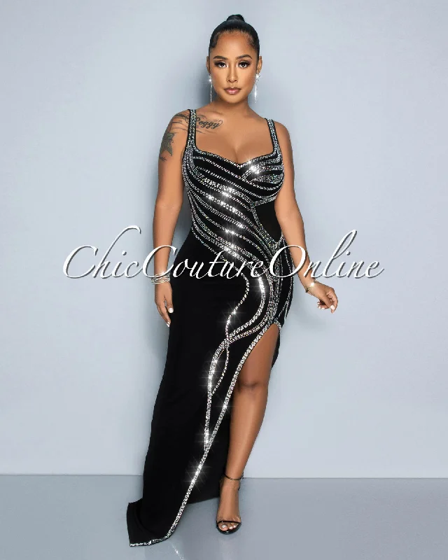 Galienne Black Mesh Rhinestones Leg Slit Maxi Dress Fashionable Asymmetrical Maxi Dress