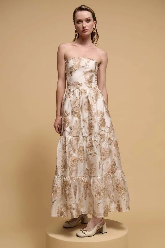 Gilded Garland Metallic Floral Brocade Maxi Dress Fashionable High-Low Maxi Dress