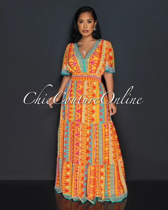 Glendie Orange Print Smoked Waistband Ruddle Hem Maxi Dress Chic Sleeveless Maxi Dress