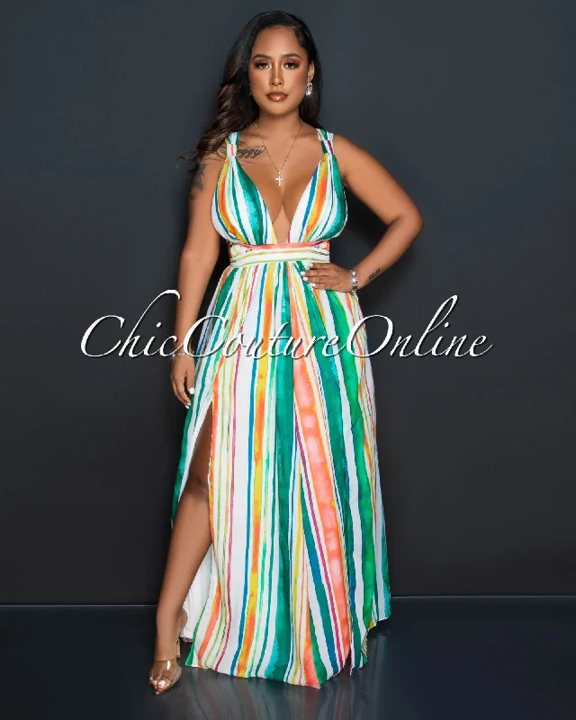 Gorell White Multi-Color Print Waist Cut-Out Maxi Dress Cozy Ribbed Maxi Dress