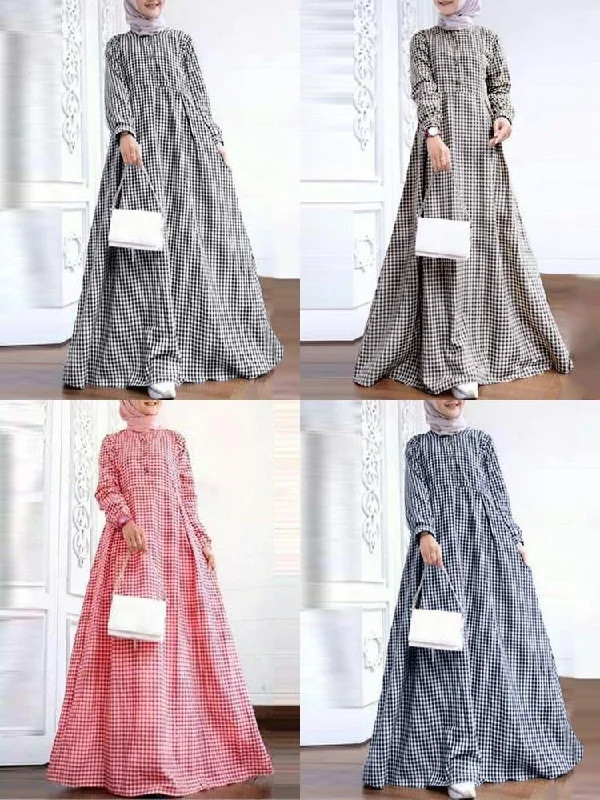 Grid Printed Casual Elastic Cuffs Big Swing Long Sleeve Muslim Abaya Kaftan Women Maxi Dress Elegant Boho Maxi Dress