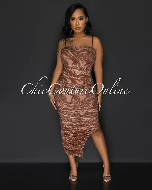 Henley Brown Print Mesh Ruched Side Slit Maxi Dress Classic V-Neck Maxi Dress