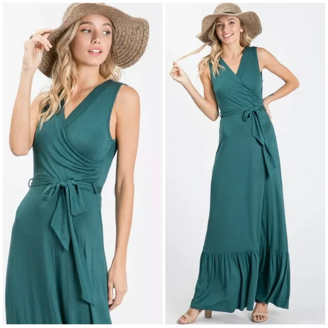 Hunter Green Faux Wrap Sleeveless Belted Casual Maxi Dress Womens Trendy Fit-and-Flare Maxi Dress