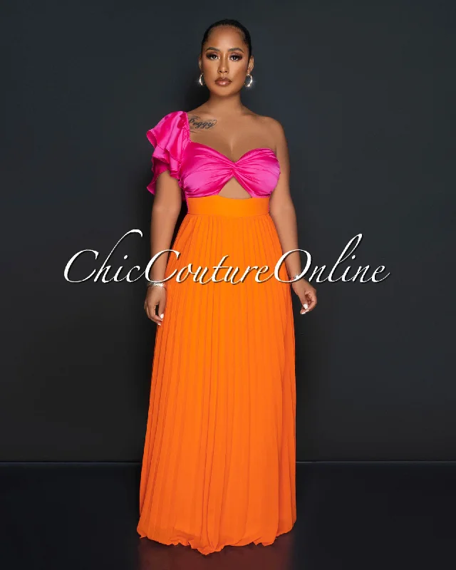 Judith Fuchsia Orange Two-Tone Key-Hole Pleated Maxi Dress Cozy Knitted Maxi Dress