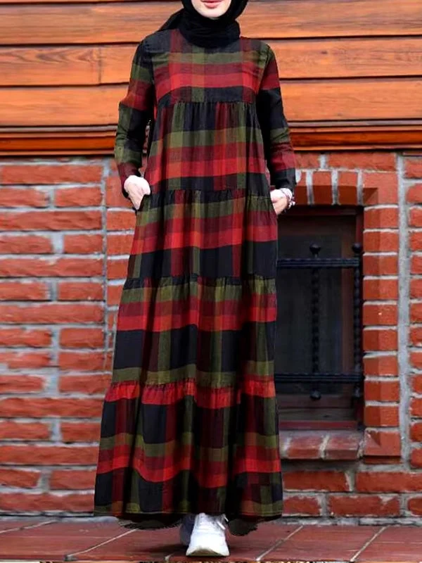 Kaftan Tunic Plaid Print Back Zipper Long Sleeve Maxi Layered Women Maxi Dress Cozy Wrap Maxi Dress