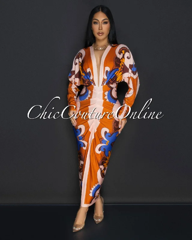 Kani Orange Multi-Color Deep V Neck Maxi Dress Chic Boho Print Maxi Dress