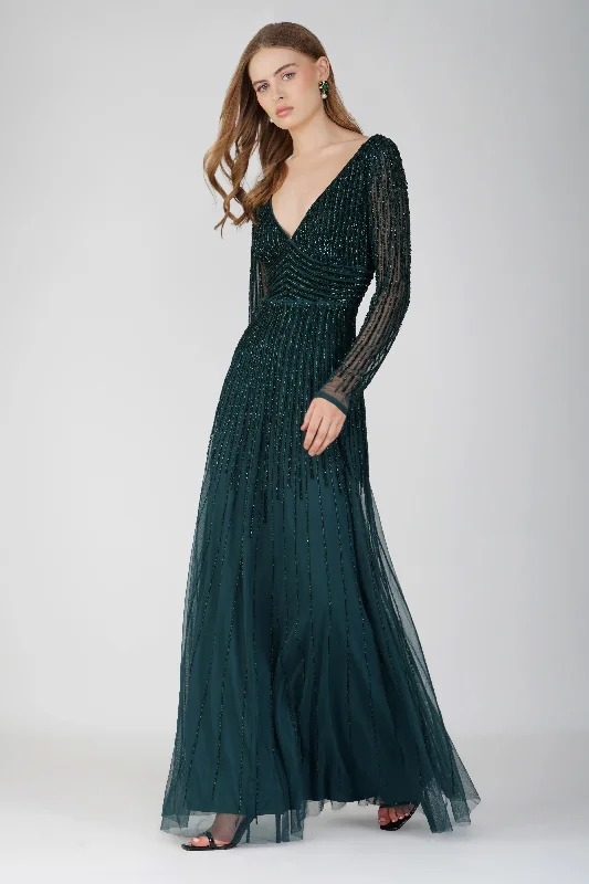 Laura Embellished Maxi Dress in Emerald Green Stylish One-Shoulder Maxi Dress