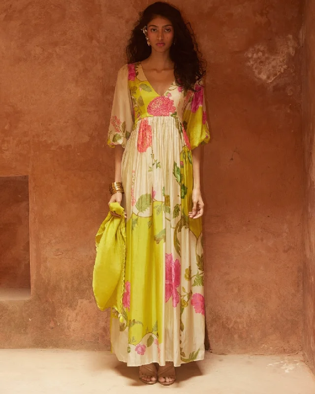 Lime Yellow Floral Flowy Maxi Dress Cozy Maxi Dress with Slit