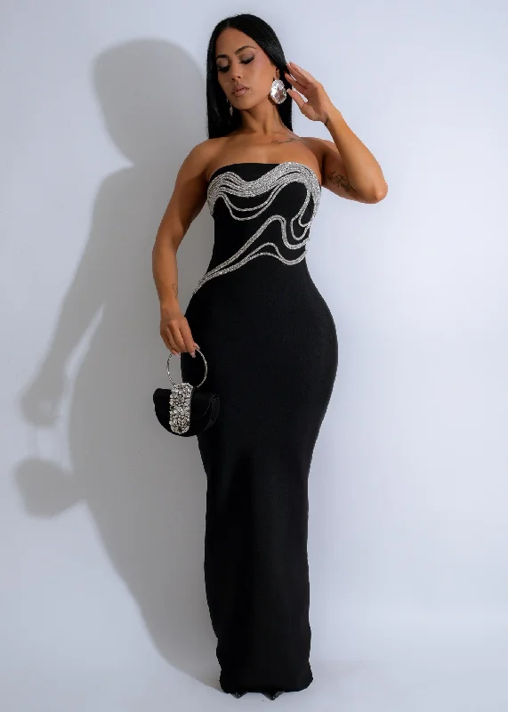 Luminous Waves Rhinestone Maxi Dress Black Fashionable Open-Back Maxi Dress