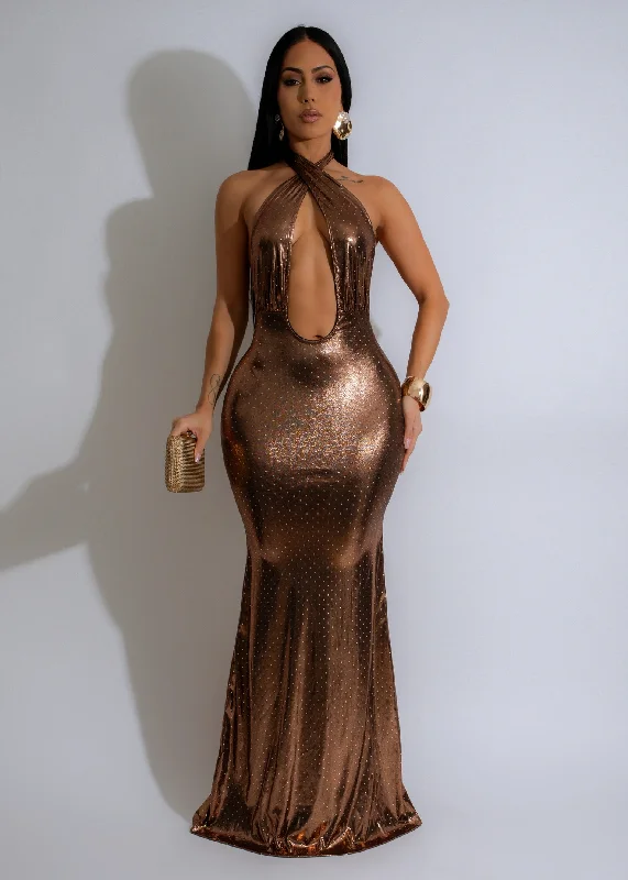 Lustrous Eclipse Rhinestones Metallic Maxi Dress Gold Elegant Velvet Maxi Dress