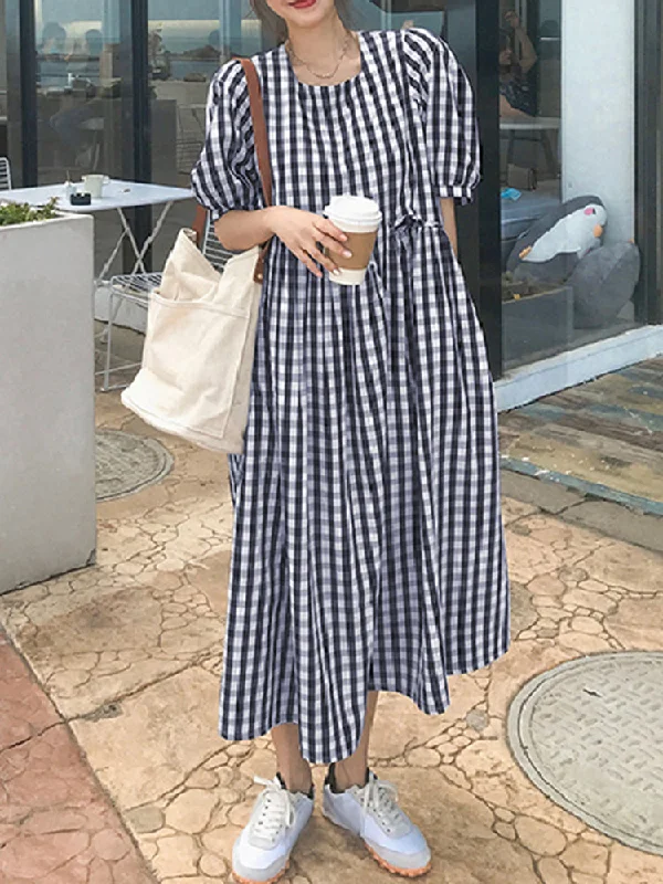 Plaid Print Puff Sleeve Irregular Spliced Shirt Casual Maxi Dress For Women Chic Off-Shoulder Maxi Dress