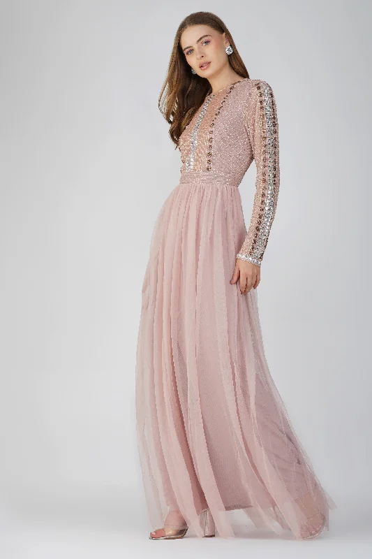 Melinda Long Sleeve Embellished Maxi Dress in Blush Pink Trendy A-Line Maxi Dress