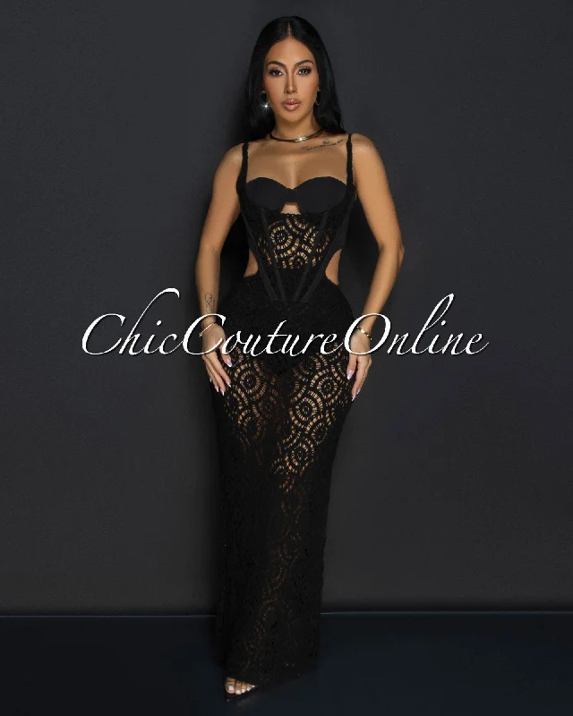 Melora Black Bustier Cut-Out Crochet Maxi Dress Chic Button-Up Maxi Dress