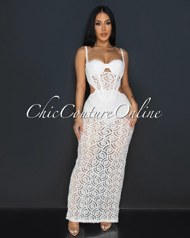 Melora Off-White Bustier Cut-Out Crochet Maxi Dress Elegant Lace Maxi Dress