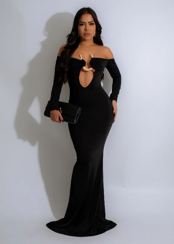 Midnight Eclipse Maxi Dress Black Elegant Maxi Dress with Drapes