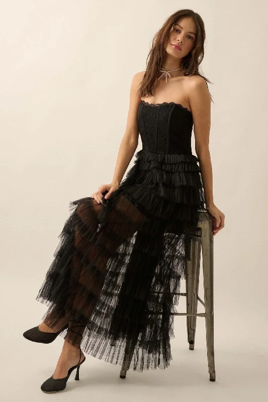 Midnight Enchantment Ruffled Corset Maxi Dress Fashionable High-Low Maxi Dress