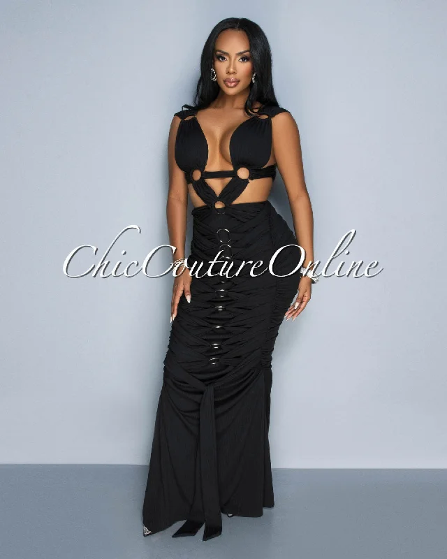 Monika Black Draped Cut-Out Maxi Dress Comfortable Pleated Maxi Dress