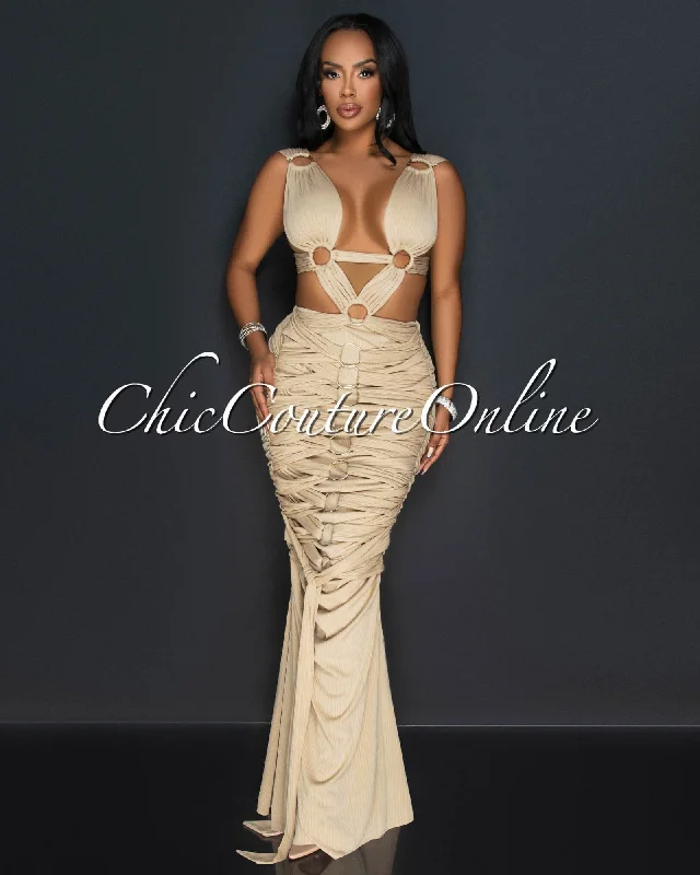 Monika Nude Draped Cut-Out Maxi Dress Fashionable High-Waist Maxi Dress