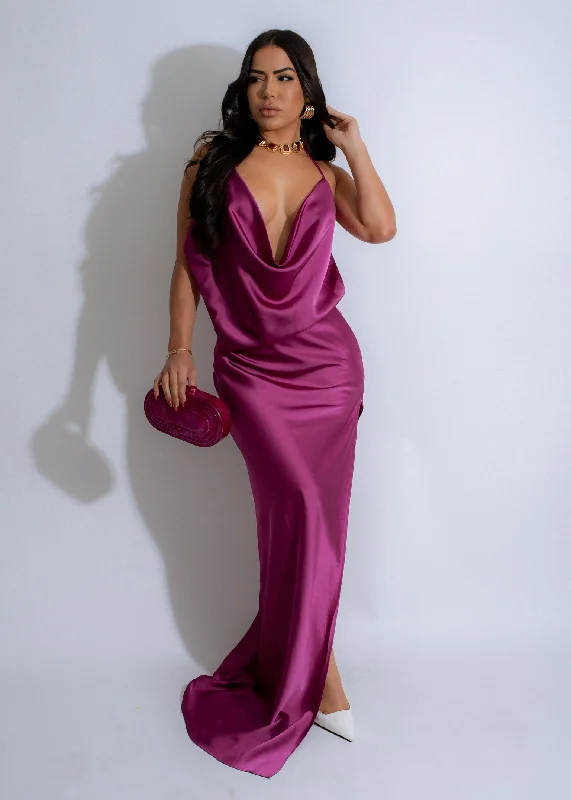 Moonlit Satin Slip Maxi Dress Purple Comfortable Plunging Neckline Maxi Dress