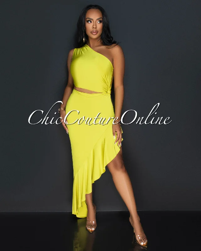 Nilia Lime Cut-Out Hi-Lo Ruffle Hem Maxi Dress Elegant Wraparound Maxi Dress