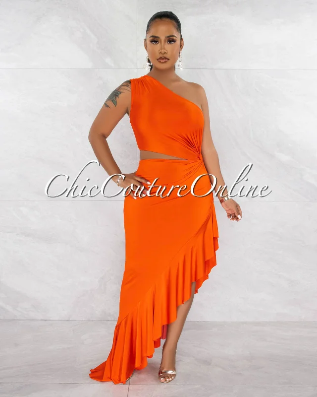 Nilia Orange Cut-Out Hi-Lo Ruffle Hem Maxi Dress Fashionable Layered Maxi Dress