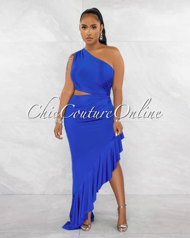 Nilia Royal Blue Cut-Out Hi-Lo Ruffle Hem Maxi Dress Stylish Boho Chic Maxi Dress