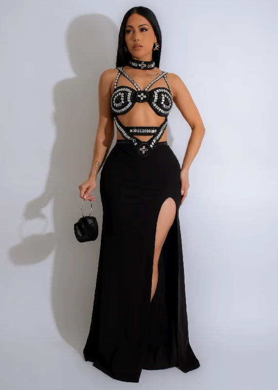 Noir Glamour Rhinestones Maxi Dress Black Elegant Maxi Dress with Ruffles