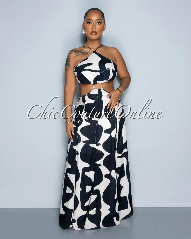 Perine Black Cream Print "O" Ring Cut-Out Maxi Dress Stylish One-Shoulder Maxi Dress