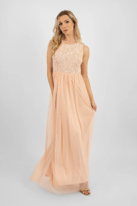 Picasso Blush Pink Embellished Bridesmaid Maxi Dress Comfortable Ruffle Hem Maxi Dress