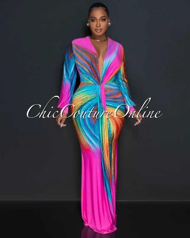 Letina Pink Blue Print Long Sleeves Deep V-Neck Maxi Dress Trendy Off-Shoulder Ruffle Maxi Dress