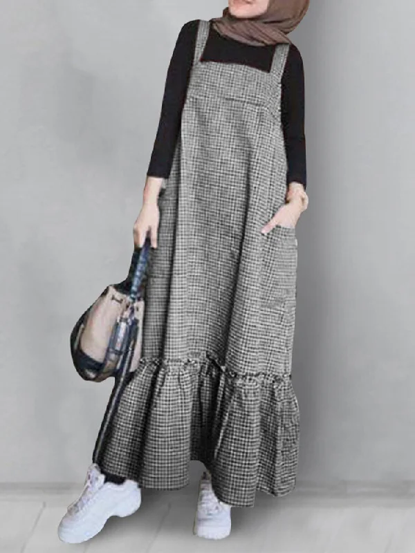 Plaid Patchwork Zip Back Casual Sleeveless Strappy Pocket Women Maxi Dress Stylish Boho Chic Maxi Dress