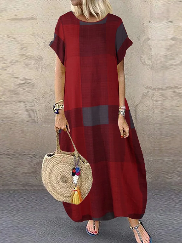 Plaid Short Sleeve Crew Neck Pocket Baggy Vintage Long Women Maxi Dress Comfortable Bohemian Maxi Dress