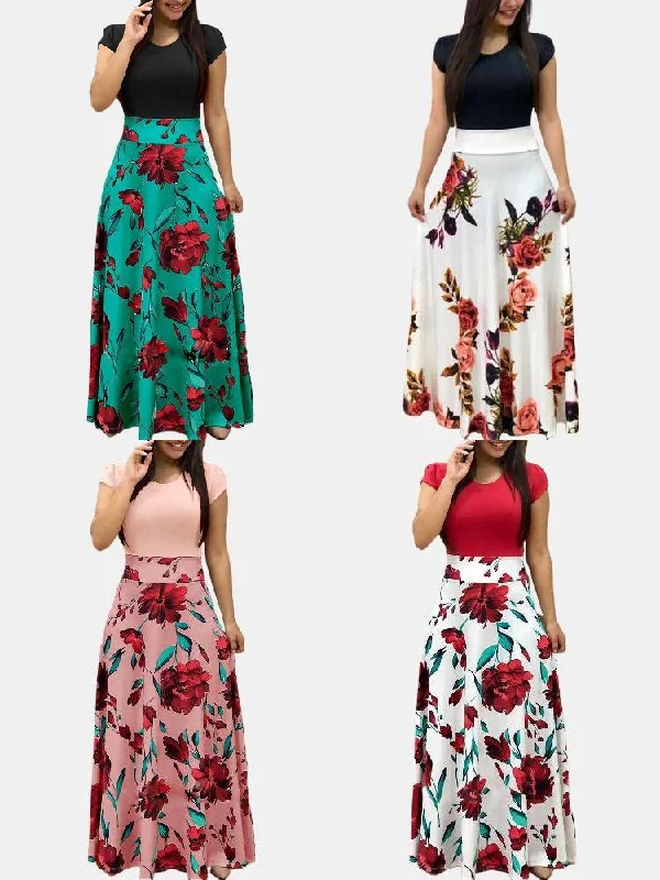 Print Patchwork O-neck Short Sleeve Women Maxi Dress Cozy Knitted Maxi Dress