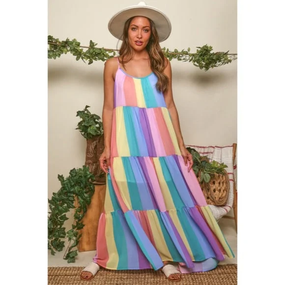 Rainbow Colorful Multi Color Bright Striped Tiered Tie Shoulder Maxi Dress Classic A-Line Maxi Dress