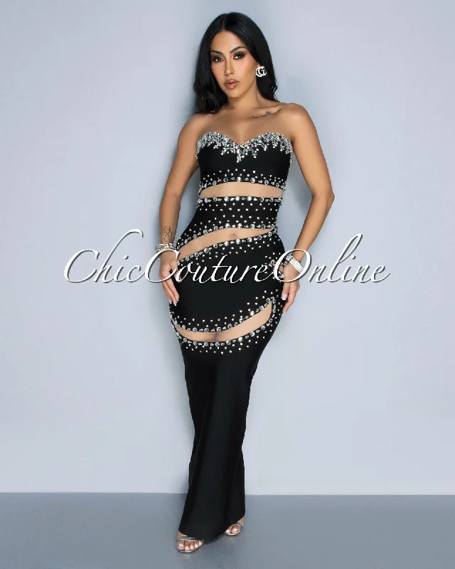 Regala Black Rhinestones Cut-Out Strapless Maxi Dress Fashionable Asymmetrical Maxi Dress