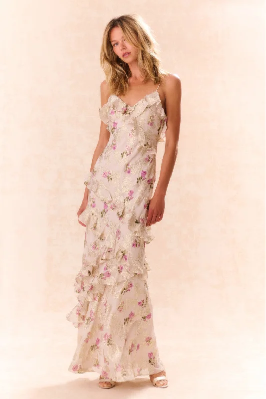 Rialto Floral Silk Maxi Dress Chic Off-Shoulder Maxi Dress