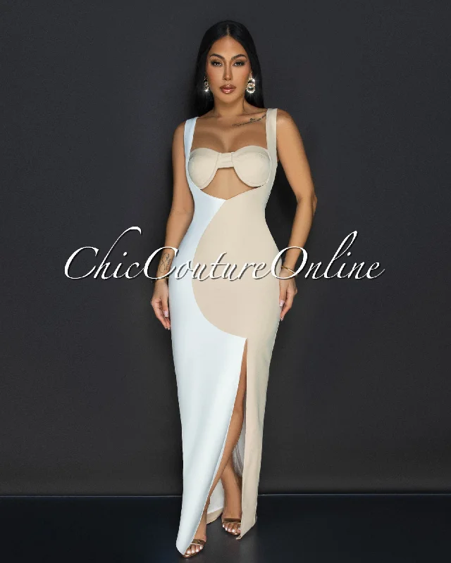 Rosina Nude White Sleeveless Cut Out Maxi Dress Trendy A-Line Maxi Dress