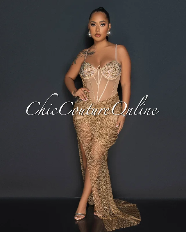 Ryder Nude Gold Rhinestones Fishnet Maxi Dress Comfortable Flowy Maxi Dress