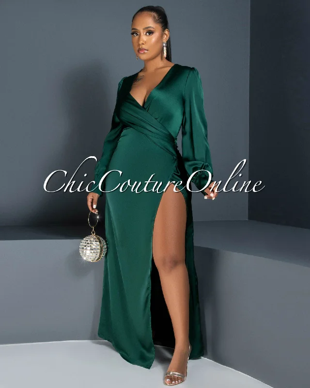 Sandria Hunter Green Draped Leg Slit Silky Maxi Dress Comfortable Maxi Dress with Slits