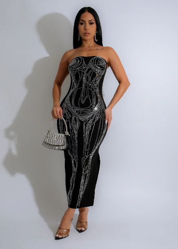 Sculpted Radiance Rhinestone Maxi Dress Black Fashionable Asymmetrical Maxi Dress