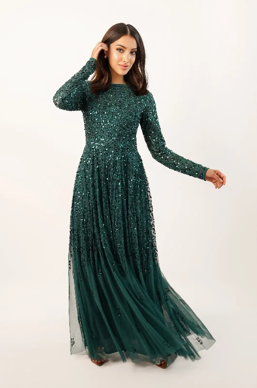 Sila Long Sleeve Embellished Maxi Dress in Emerald Green Fashionable High-Low Maxi Dress