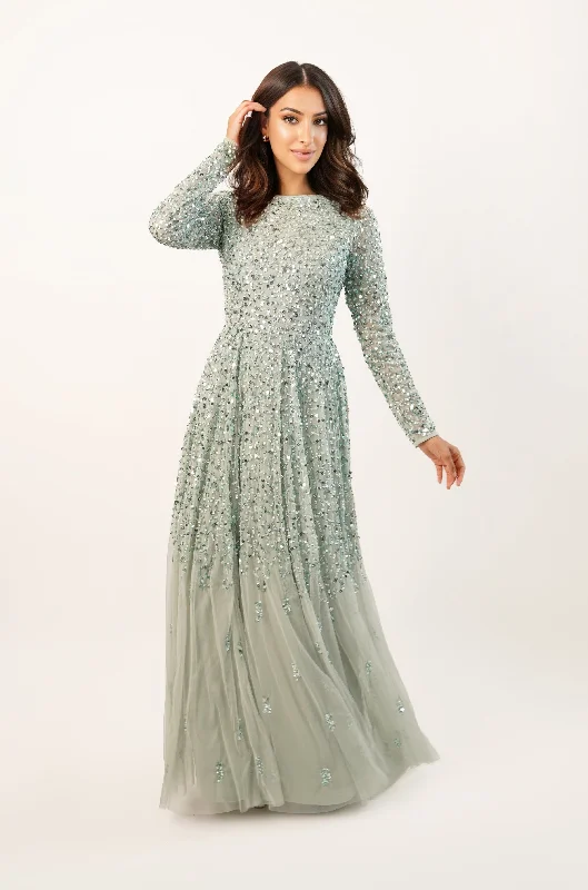 Sila Long Sleeve Embellished Maxi Dress in Sage Green Comfortable Maxi Dress with Belt