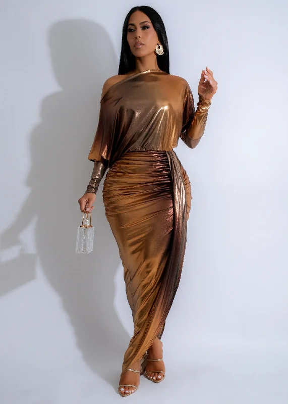 Solaris Drape Ruched Metallic Maxi Dress Gold Elegant Maxi Dress with Pockets