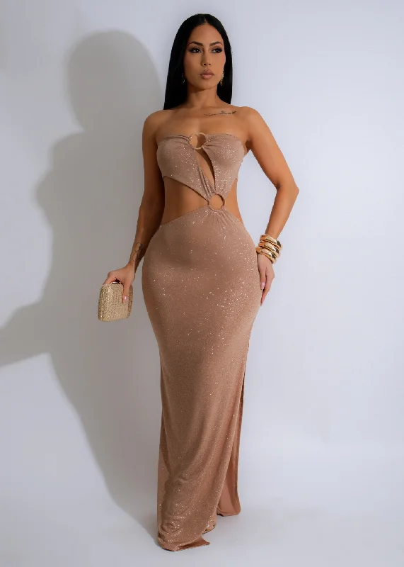 Starlit Temptation Sparkle Maxi Dress Nude Comfortable Plunging Neckline Maxi Dress