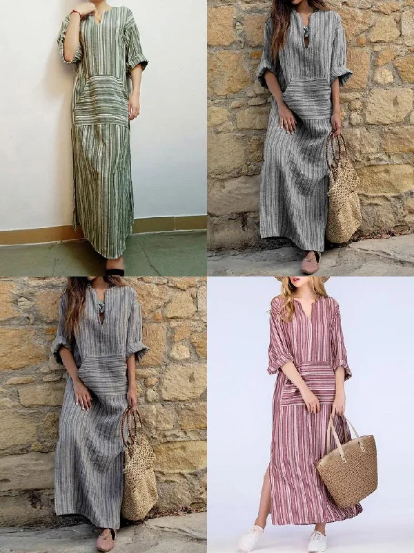 Striped V Neck Long Sleeve Casual Loose Women Maxi Dress Elegant Maxi Dress with Lace