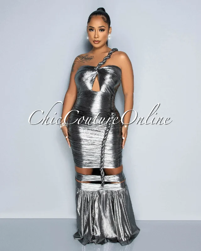 Tatianna Silver Textured Cut-Out Maxi Dress Elegant Tiered Maxi Dress