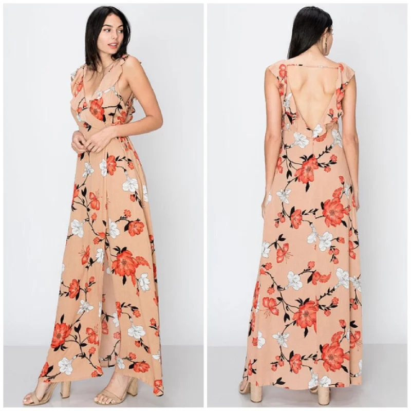 Taupe Deep V Faux Wrap Floral Cherry Blossom Open Back Maxi Dress Casual Maxi Dress with Pockets