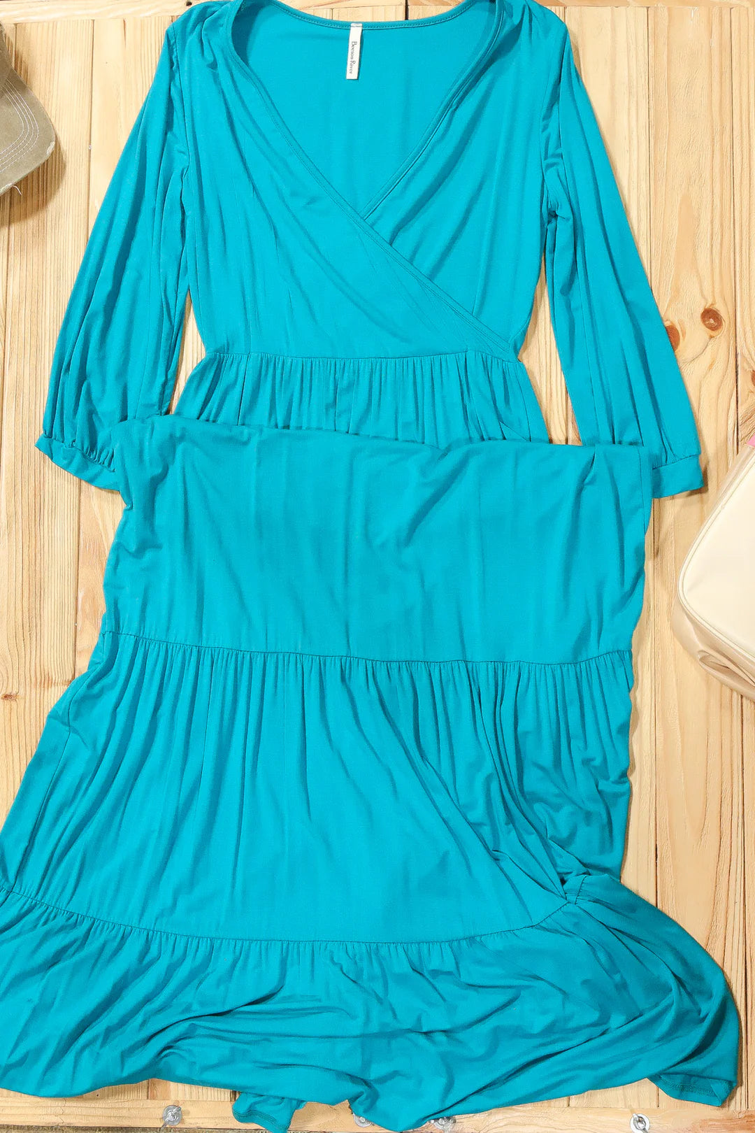 TEAL 3/4 SLEEVE SOLID MAXI DRESS Comfortable Pleated Maxi Dress