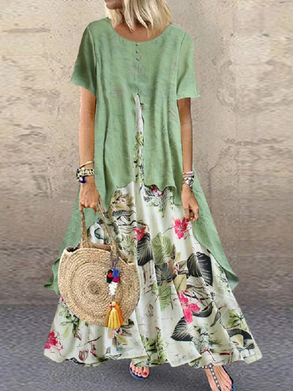 Vintage Short Sleeve O-neck Print Patchwork Pocket Long Women Maxi Dress Fashionable High-Waist Maxi Dress